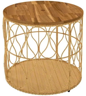 Produktbild von Beistelltisch Ø50 cm wetterfest Gartentisch mit Rattanoptik Akazienholzplatte verstellbaren Füßen Teak