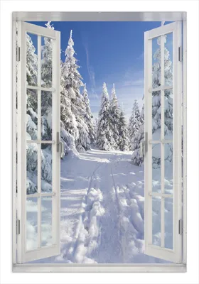Produktbild von Wallario Wandbild mit Fenster-Illusion: Wanderweg im Schnee, Größe: 61 x 91,5 cm, Poster mit rahmenlosen Bildhalter