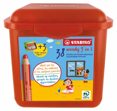 Zdjęcie produktu dla Ołówek kolorowy, kredka akwarelowa i woskowa - STABILO woody 3 w 1 - pudełko 38 sztuk i 3 temperówki - 13 różnych kolorów