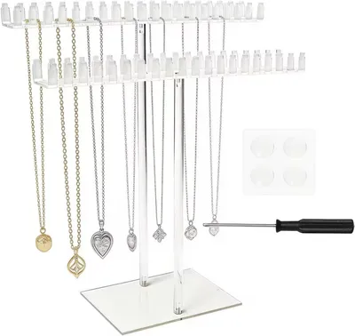 Imagen del producto de Soporte para joyería de acrílico, de 2 niveles, con 80 ganchos, de 32x15x3,2 cm, ideal para collares y pulseras