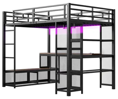 Produktbild von Hochbett - Kinderbett - 140 x 200 cm - Metall/MDF - Stauraum mit offenem Kleiderschrank - USB-Anschluss - LED-Beleuchtung - Schwarz