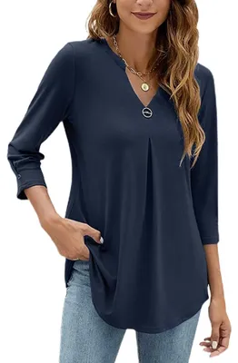 Produktbild von Bluse mit V-Ausschnitt, 3/4-Ärmel, lässige Arbeitsbluse, Marineblau