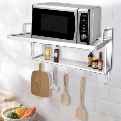 Produktbild von Mikrowellenregal - Wandmontiertes Küchenregal - 2 Ebenen - Aluminiumlegierung - 10 Haken