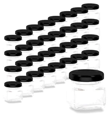 Produktbild von 32 Mini Gläser 40 ml quadratisch mit schwarzem Schraubdeckel - Kleine Gläser aus Glas für Konfitüre, Honig und Gewürze
