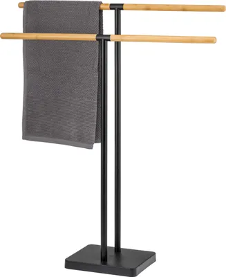 Image de eluno Porte-serviettes sur pied indépendant, 2 barres, porte-serviettes, bambou/métal, noir