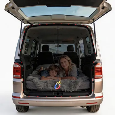 Zdjęcie produktu dla Klamboe magnetyczny - siatka przeciwko komarom do VW T5/T6 - ochrona przed owadami - osłona przeciwsłoneczna - łatwy montaż - efektywna cyrkulacja powietrza