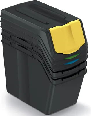 A stack of black recycling bins with colored lids.