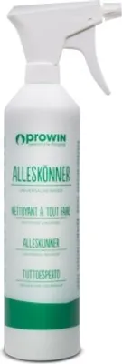 A white spray bottle with green text and accents.