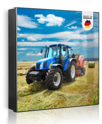 Produktbild von banjado Schlüsselkasten aus Metall, 30x30cm groß mit 32 Haken, als Magnettafel nutzbar, Korpus schwarz, Anschlag rechts, Traktor [SKG1 10128]