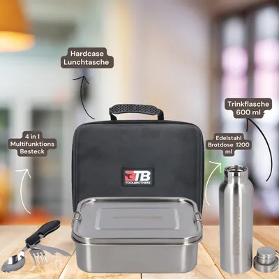 Produktbild von Toolbrothers Fan Lunchpaket in Hardcase Tragetasche Lunchtasche Wasserdicht mit Edelstahl Brotdose mit Trennfächern und Edelstahldeckel 1200 ml + Edelstahl Trinkflasche 600 ml + 4 in 1 Multifunktions Besteck