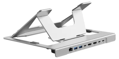 Produktbild von Conceptronic DONN35S Laptopständer mit 7-in-1 USB-C MST Dockingstation, Dual HDMI 4K 60 Hz, 100 W USB-C PD, USB-C 5 Gbit/s, 2 × USB-A 5 Gbit/s, Gigabit Ethernet, Laptop-Ständer, Silber, Aluminium, USB 3.2 Gen 1 (3.1 Gen 1) Type-C, 5000 Mbit/s, 100 W