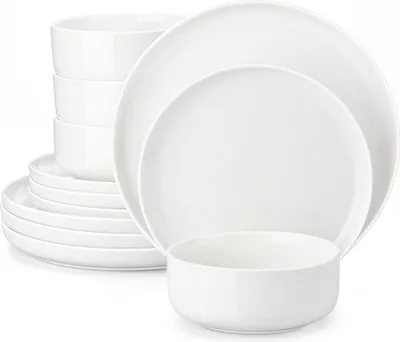 A stack of white ceramic plates and bowls.