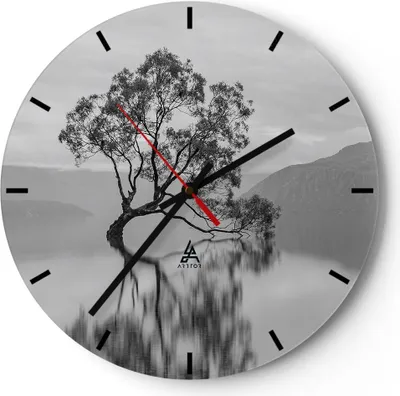 Produktbild von Wanduhr - Rund - Glasuhr - Baum Symmetrie See - 40x40cm - Schleichendes Uhrwerk - Lautlos - zum Aufhängen bereit - Dekoration Modern - Wanddekoration aus Glas - C3AR40x40-4514