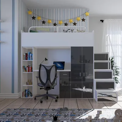 Produktbild von Marlux-Meble Hochbett JSM-4 90x200 mit Kleiderschrank Schreibtisch und Treppe Hochglanz Kinderbetten Funktionsbett Etagenbett Stockbett Kinderhochbett Jugendhochbett (Graphit Glanz)