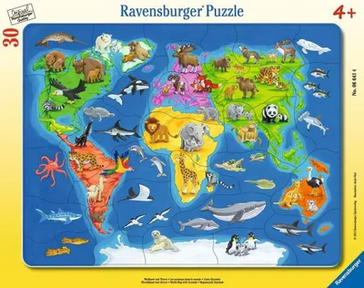 Immagine prodotto di Puzzle Ravensburger della mappa del mondo con animali - 30 pezzi, adatto ai bambini dai 4 anni in su