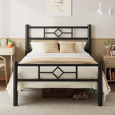 Produktbild von Feonase Einzelbetten mit Kopfteil und Fußteil, Metallbett 90x200 mit Unterbettka