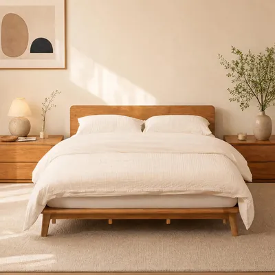 Produktbild von FLEXISPOT Massivholzbett 160x200 cm aus Gummibaumholz, Doppelbett mit Kopfteil, Bettgestell mit Lattenrost, Moderner Japandi-Stil, bis 500 kg, Hako G1