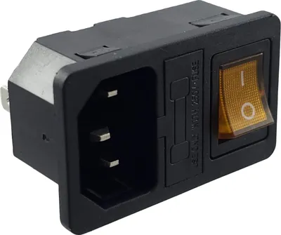 Produktbild von Kaltgeräte Steckverbinder Stecker C-14 mit gelbem Schalter und Sicherung 10A/250V