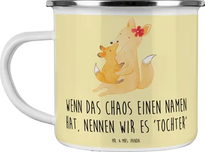 Produktbild von Mr. & Mrs. Panda Pott Chaos Tochter - Gelb Pastell - Geschenk, Familienleben, Freude, Handgefertigt, Einfallsreichtum, Dankeschön, Unvergessliche Momente, Emaille Tasse