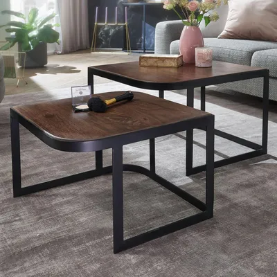 Produktbild von WOHNLING Couchtisch 2er Set Mango Massivholz / Metall Wohnzimmertisch Dunkel Industrial Satztisch Beistelltisch Metallbeine Schwarz Tischset 2-teilig