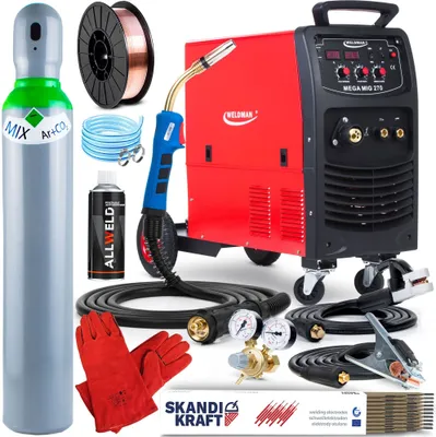Produktbild von Mega MIG 270 - Profi Schutzgasschweißgerät 400V 270A - MIG MAG, MMA und FLUX - mit 4x4-Drahtvorschub und Fahrwerk - Set Professional