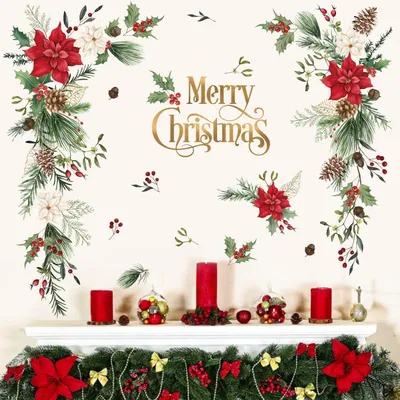 Immagine prodotto di Adesivi per finestre a tema natalizio, con motivi floreali e foglie, decorazioni per finestre, autoadesivi, 9 fogli, 89x85 cm, PVC opaco