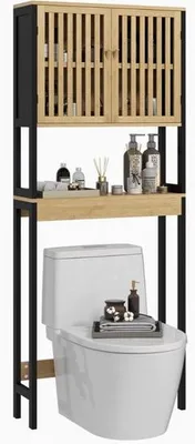 Immagine prodotto di Mobile da bagno in bambù e metallo con 2 ante e ripiano aperto – 60x21,5x172 cm – Legno naturale/Nero