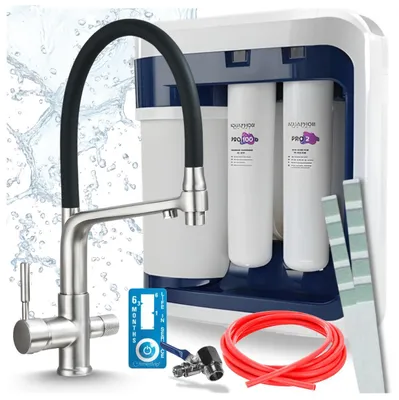 Productafbeelding van Ari 3-wegs keukenkraan, flexibel, roestvrij staal, uittrekbare spoelkraan. Inclusief Aquaphor Ro-202S Pro waterfiltersysteem