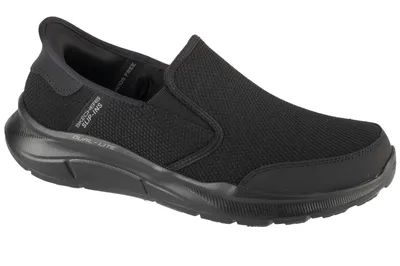 A black Skechers slip-on sneaker is shown from a side angle against a white background.