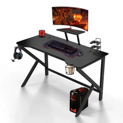Produktbild von Gaming Schreibtisch - Computertisch 100 x 55 cm - Ergonomisch - Mit Getränkehalter & Kopfhörerhalterung - Tastaturablage & Stauraum - Schwarz