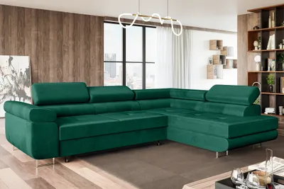 Produktbild von MEBLINI Schlafcouch mit Bettkasten - Ecksofa mit Schlaffunktion - Sofa mit Relaxfunktion und Kopfstützen - Couch L-Form - Eckcouch - Wohnlandschaft - MALIBA - 277x203x63cm Rechts - Grün Samt