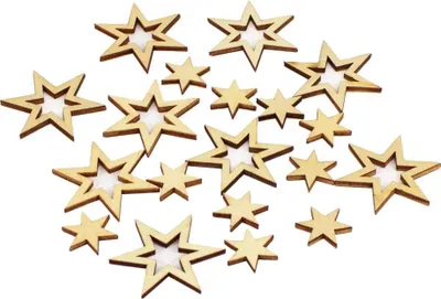 A collection of wooden star-shaped decorations scattered on a white background.