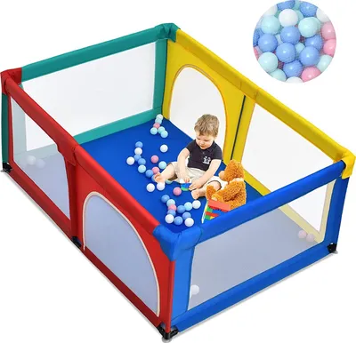 Produktbild von COSTWAY 120 x 190cm Baby Laufstall mit 50 Spielbällen, Laufgitter mit atmungsaktivem Netz und Reißverschluss, Krabbelgitter 2 Türen, Laufgitterzelt für Säuglinge und Kleinkinder