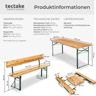 Produktbild von Tectake Bierzeltgarnitur Franz II, 3-teilig, klappbar, mit abnehmbaren Rückenlehnen, aus robustem Tannenholz und Stahlgestellen, schutzlackiert, braun, für bis zu 8 Personen