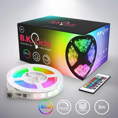 Immagine prodotto di B.K.Licht Striscia LED 3m, rivestimento in silicone trasparente, cambio colori RGB con telecomando, dimmerabile, adesiva, accorciabile, nastro luminoso LED, bianca, per interni IP20