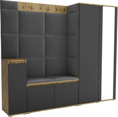 Produktbild von Garderoben-Set Noris VIII mit Spiegel, gepolsterte Garderobe 145 cm mit Schuhkommode, Wandpaneelen und Sitzbank (Farbe: Artisan Eiche/Schwarz+ Trinity 15)