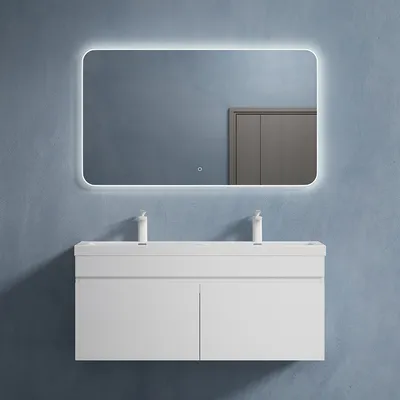 Produktbild von doporro Badmöbel-Set Matt Weiß Waschbecken-Unterschrank Badezimmerschrank Mineralguss Waschplatz 120x48x55cm inkl. Waschbecken Wandmontage und LED-Badspiegel Botanica