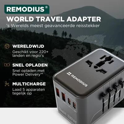Productafbeelding van Remodius Wereldstekker + 2x UniCharge – universele reisstekker 220+ landen met twee 4-in-1 oplaadkabels