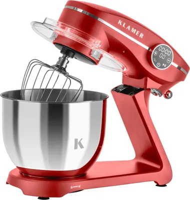 Produktbild von KLAMER Küchenmaschine 1800W, Knetmaschine mit 6 Liter Edelstahl Schüssel, 10 Geschwindigkeitsstufen mit Timer, Rührbesen, Knethaken, Schneebesen und Spritzschutz, rot