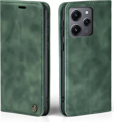 A green flip case for a Xiaomi Redmi 12 phone, shown from two angles.