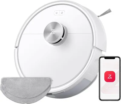 A white robot vacuum cleaner is shown with a smartphone displaying its app and two cleaning pads.