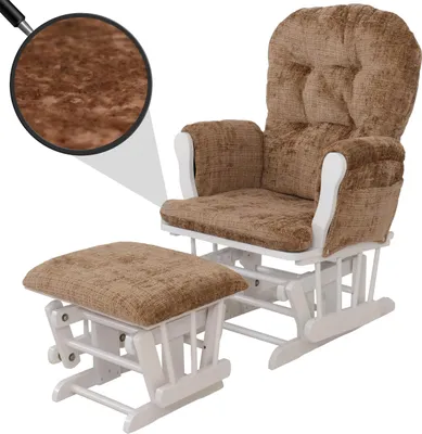 Zdjęcie produktu dla Fotel Relax HWC-C76, fotel bujany ze stołkiem tkanina szenilowa (465g/m²) Oeko-Tex ~ jasnobrązowy, biała rama