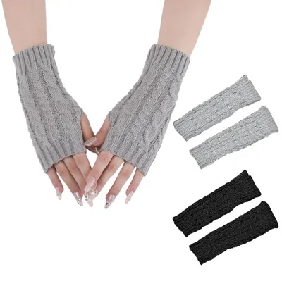 Immagine prodotto di Guanti senza dita da donna, 2 paia, lavorati a maglia, neri/grigio chiaro