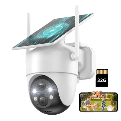 Image de Tout en 1 Caméra de surveillance extérieure Batterie solaire 2K 100% sans fil Caméra de surveillance extérieure avec détecteur de mouvement Vision nocturne couleur Détection IA avec 32G