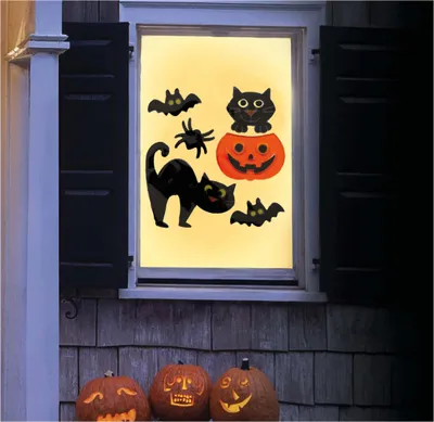 Productafbeelding van Halloween-decoratie: pompoenen, heksenhoed, sterren, vleermuizen, raamdecoraties, seizoensgebonden decoratie, decoratie-ideeën, griezelige feestversiering, enge sfeer, kleur: oranje