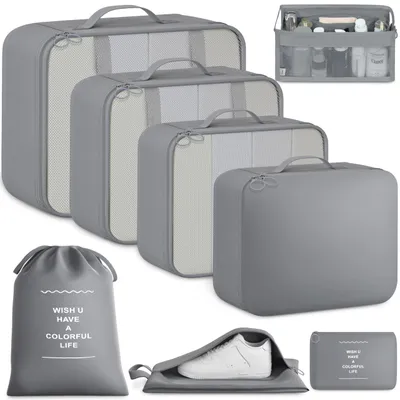 Produktbild von BAGAIL 8-teiliges Packwürfel-Set, Reiseorganizer mit atmungsaktivem Netz & Schuhbeutel, leichte Nylon Packorganizer für Koffer, 9 Farben - Grau