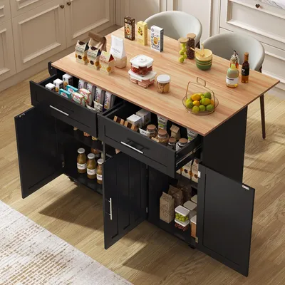 Obrázok produktu pre Servírovací vozík čiernej farby, rozmer 129x46(71)x91,5 cm, s výklopnou doskou, vnútornými policami, 5 kolesami, úložnými skrinkami a 2 zásuvkami.