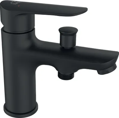 A black bathroom faucet on a white background.
