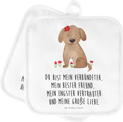 Produktbild von Mr. & Mrs. Panda Topflappen Hund Dame - Weiß - Geschenk, topfhalter, Hunde, Doppel, Topfuntersetzer, Sprüche, Set, Hundespruch, Liebenswert, Verliebt, Liebe, Kochlappen