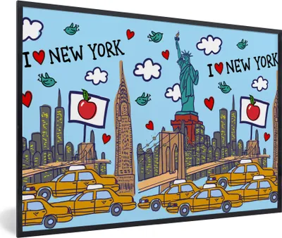Produktbild von MuchoWow® MuchoWow® Gerahmtes Poster New York - Zeichnung - Freiheitsstatue 30x20 cm - Poster mit zchwarzem Bilderrahmen - Kunstdruck - Bild-Poster